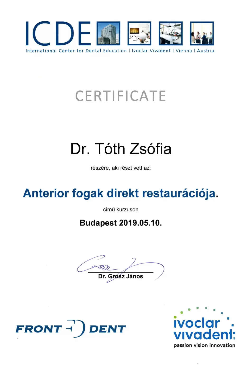 Dr. Tóth Zsófia: certificate