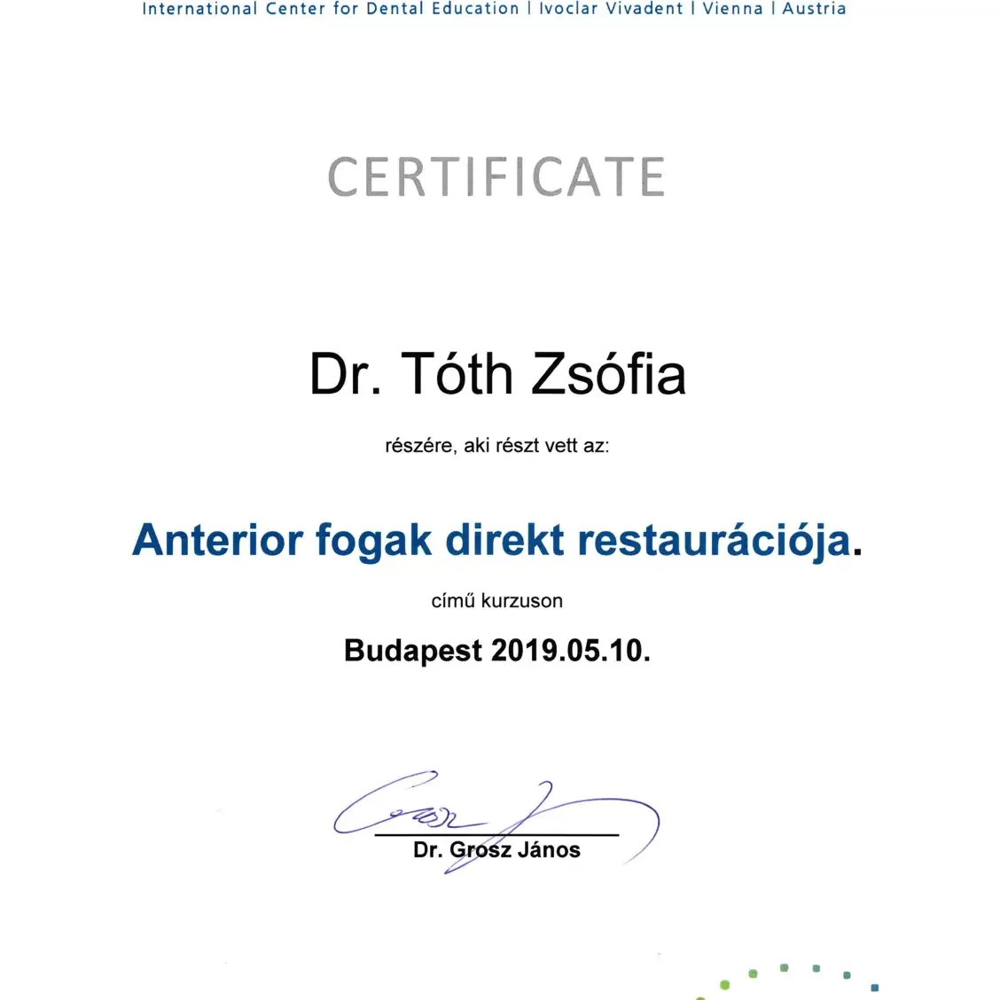 Dr. Tóth Zsófia: certificate
