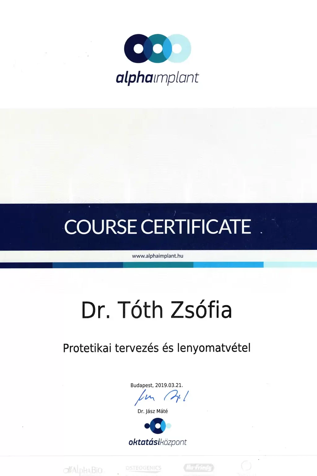 Dr. Tóth Zsófia: certificate