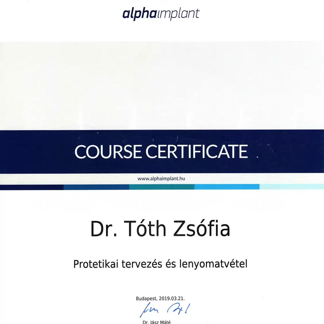Dr. Tóth Zsófia: certificate