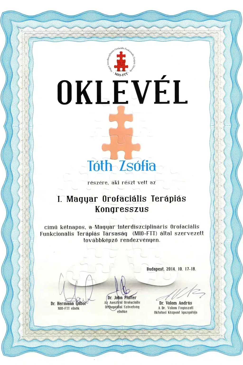 Dr. Tóth Zsófia: oklevél