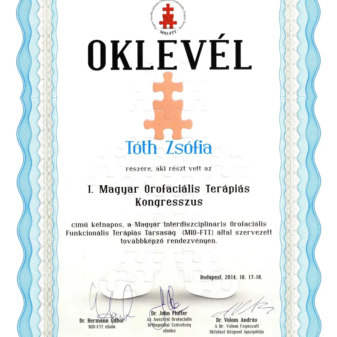 Dr. Tóth Zsófia: oklevél